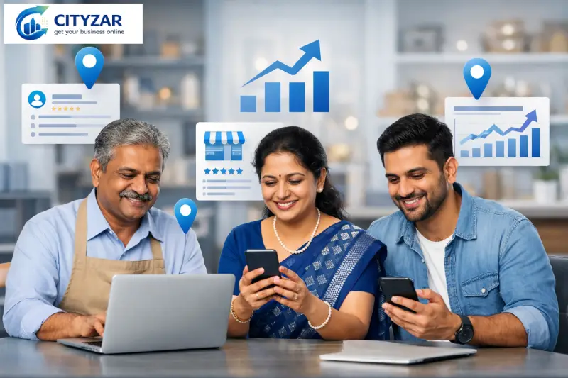 A professional feature image showing Indian small business owners using laptops and smartphones, checking business listings and online growth dashboards. A modern office or shop background. Visual elements like location pins, search results, business profile cards, and upward growth arrows subtly floating around. Clean blue and white color theme, realistic photography style, high resolution, no text, suitable for a business marketing blog.