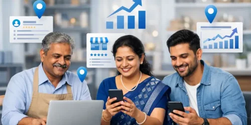 A professional feature image showing Indian small business owners using laptops and smartphones, checking business listings and online growth dashboards. A modern office or shop background. Visual elements like location pins, search results, business profile cards, and upward growth arrows subtly floating around. Clean blue and white color theme, realistic photography style, high resolution, no text, suitable for a business marketing blog.
